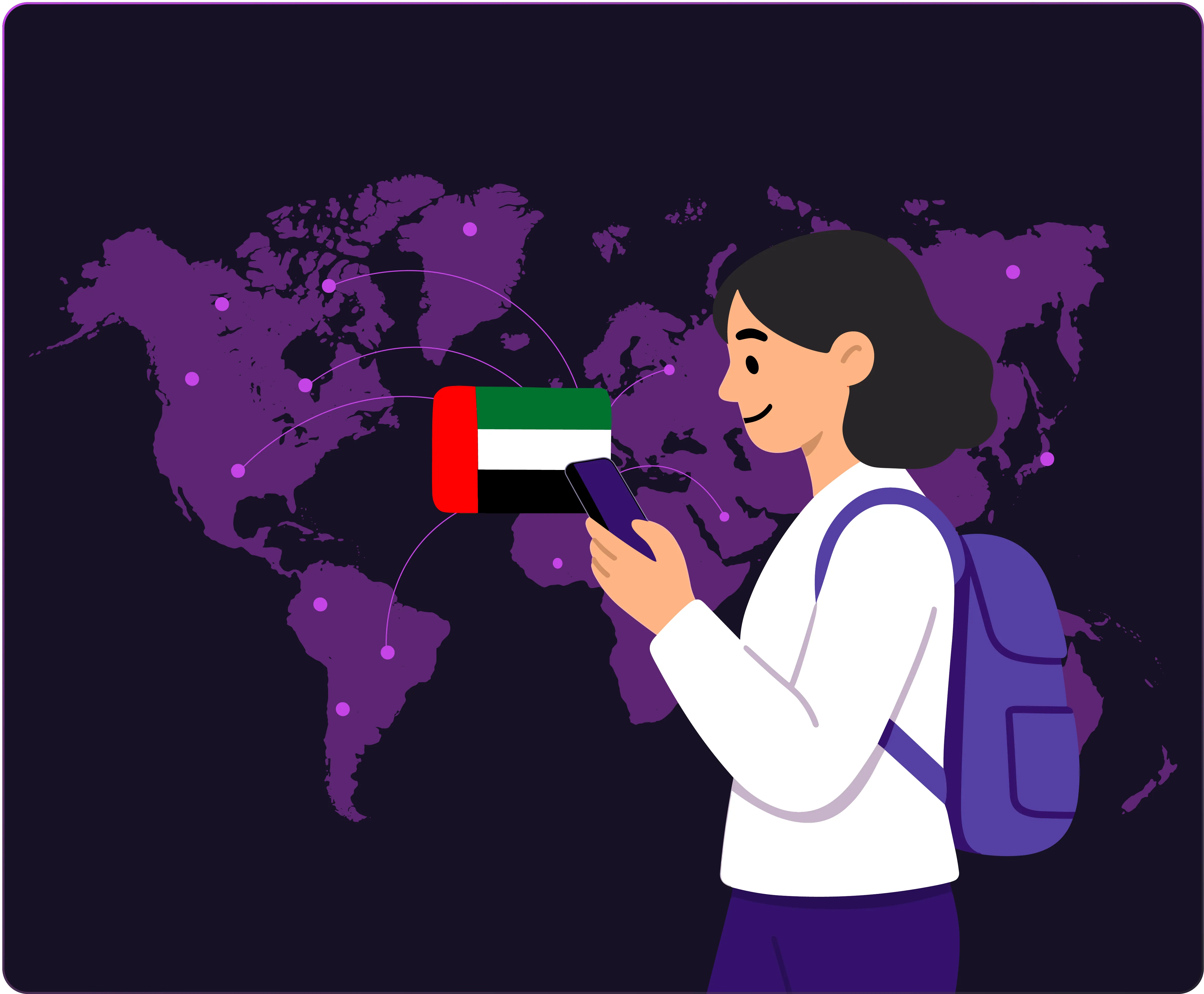 Woman standing with her phone, with the UAE flag and the map of the world behind her